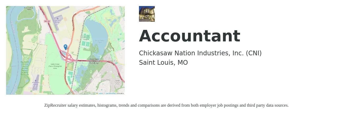 Chickasaw Nation Industries, Inc. (CNI) job posting for a Accountant in Saint Louis, MO with a salary of $52,000 to $76,300 Yearly with a map of Saint Louis location.