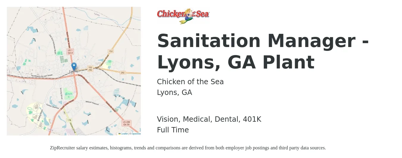 Chicken of the Sea job posting for a Sanitation Manager - Lyons, GA Plant in Lyons, GA with a salary of $39,200 to $59,100 Yearly and benefits including 401k, dental, life_insurance, medical, and vision with a map of Lyons location.