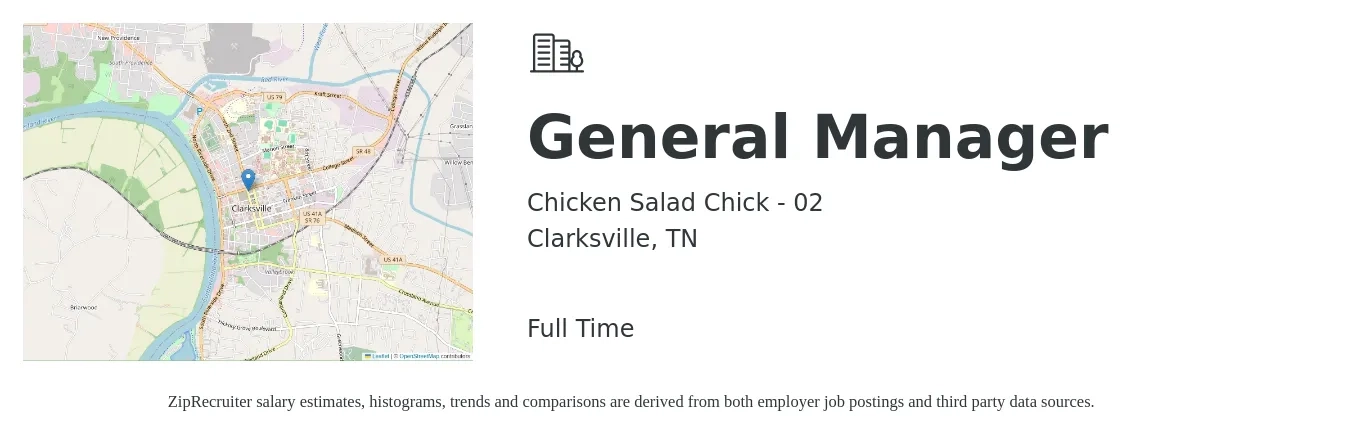 Chicken Salad Chick - 02 job posting for a General Manager in Clarksville, TN with a salary of $43,000 to $64,300 Yearly with a map of Clarksville location.