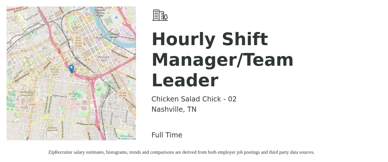 Chicken Salad Chick - 02 job posting for a Hourly Shift Manager/Team Leader in Nashville, TN with a salary of $18 to $20 Hourly with a map of Nashville location.