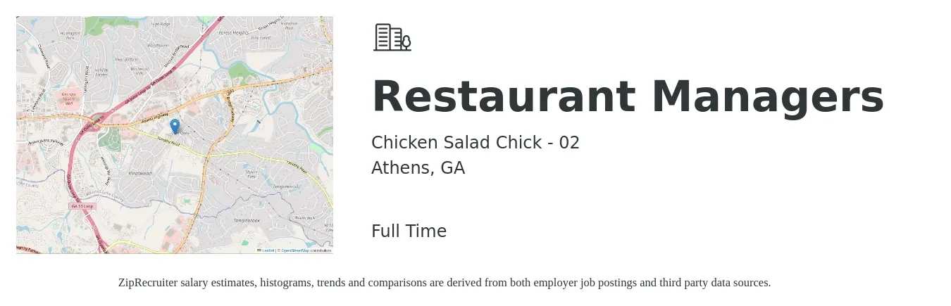 Chicken Salad Chick - 02 job posting for a Restaurant Managers in Athens, GA with a salary of $39,200 to $55,400 Yearly with a map of Athens location.