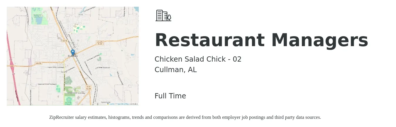Chicken Salad Chick - 02 job posting for a Restaurant Managers in Cullman, AL with a salary of $39,700 to $56,000 Yearly with a map of Cullman location.