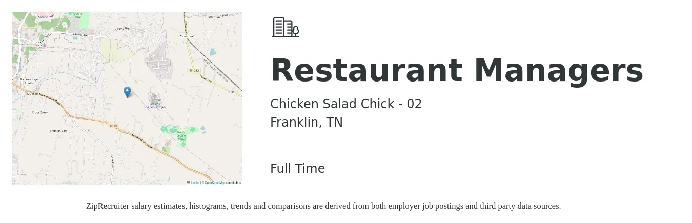 Chicken Salad Chick - 02 job posting for a Restaurant Managers in Franklin, TN with a salary of $43,400 to $61,200 Yearly with a map of Franklin location.