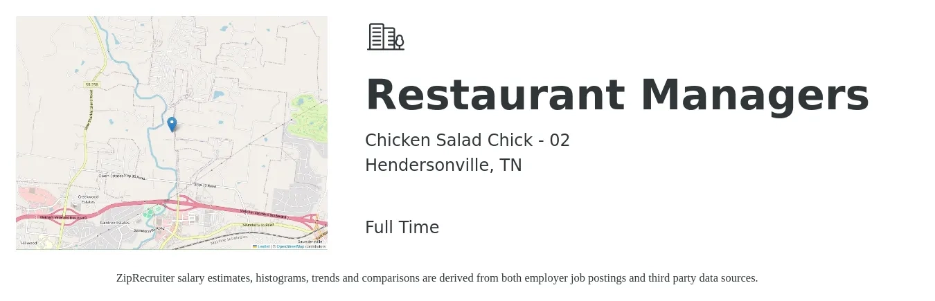 Chicken Salad Chick - 02 job posting for a Restaurant Managers in Hendersonville, TN with a salary of $42,500 to $60,000 Yearly with a map of Hendersonville location.
