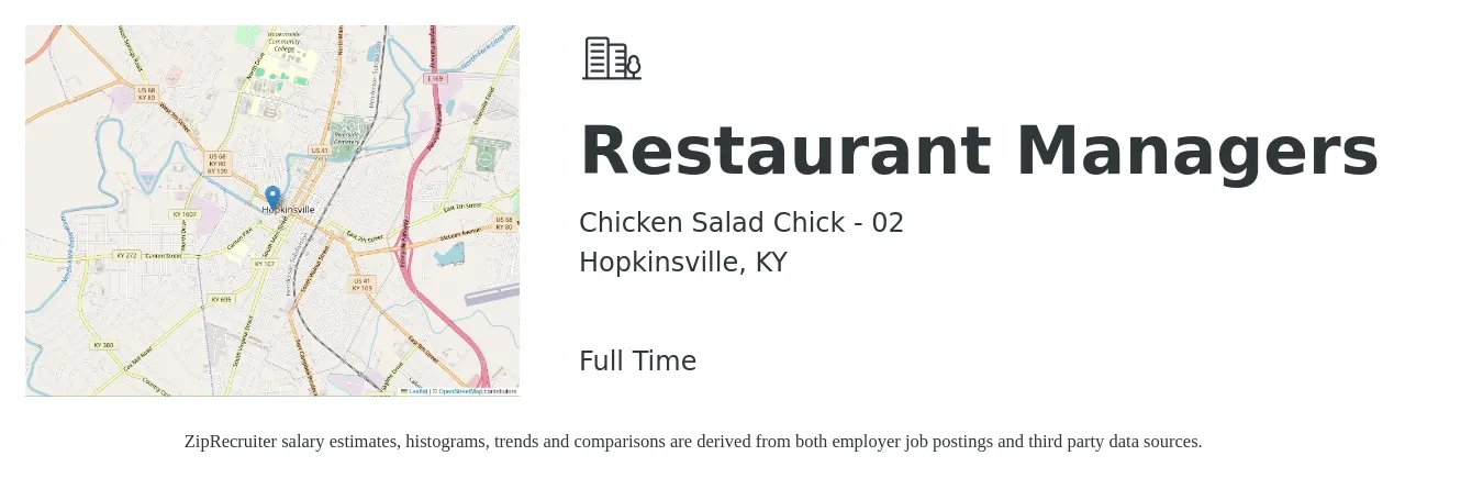 Chicken Salad Chick - 02 job posting for a Restaurant Managers in Hopkinsville, KY with a salary of $38,000 to $53,700 Yearly with a map of Hopkinsville location.