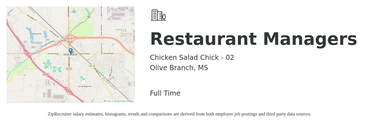 Chicken Salad Chick - 02 job posting for a Restaurant Managers in Olive Branch, MS with a salary of $40,400 to $57,000 Yearly with a map of Olive Branch location.