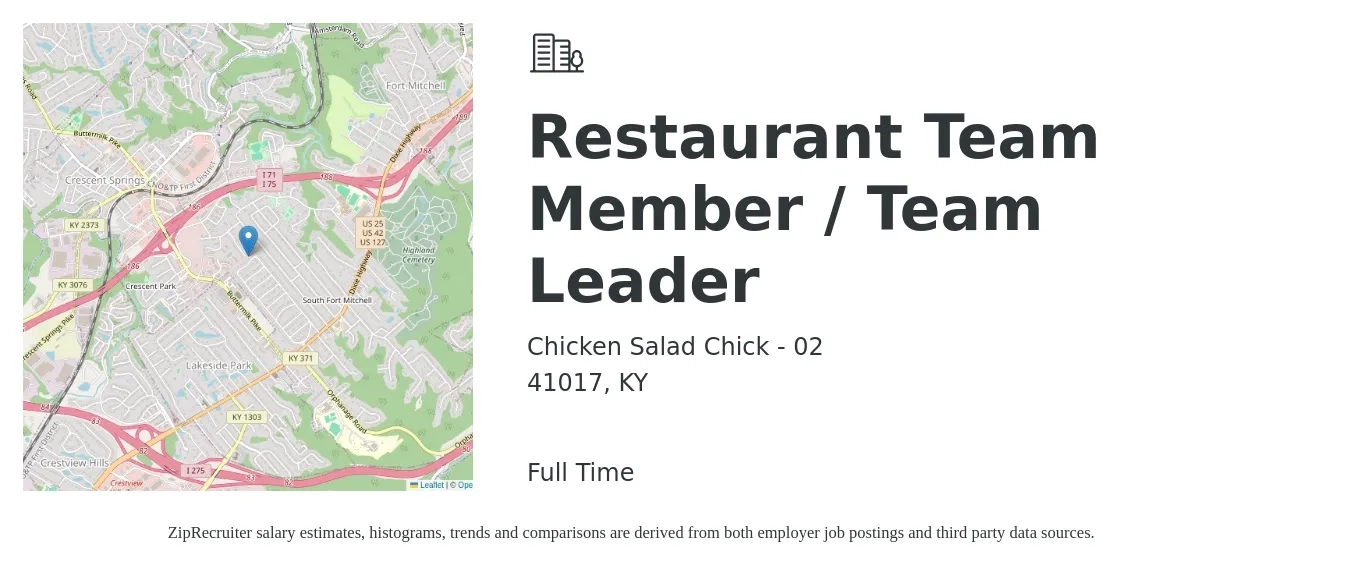 Chicken Salad Chick - 02 job posting for a Restaurant Team Member / Team Leader in 41017, KY with a salary of $11 to $15 Hourly with a map of 41017 location.