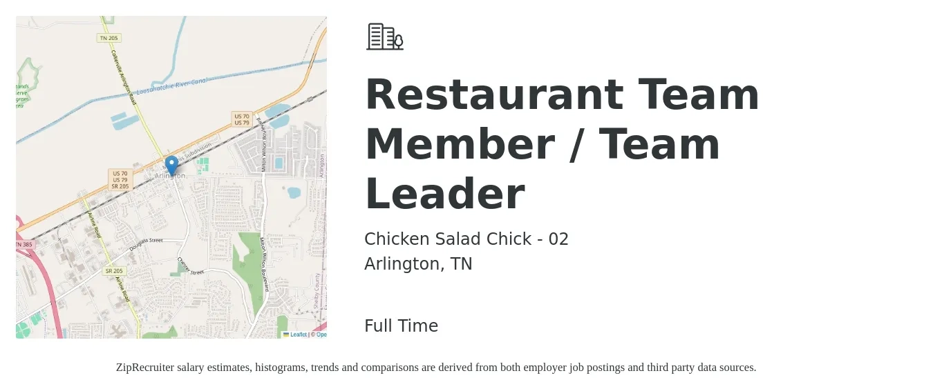 Chicken Salad Chick - 02 job posting for a Restaurant Team Member / Team Leader in Arlington, TN with a salary of $11 to $14 Hourly with a map of Arlington location.