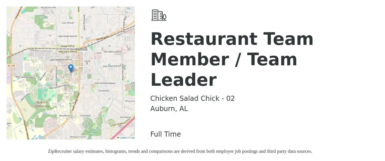 Chicken Salad Chick - 02 job posting for a Restaurant Team Member / Team Leader in Auburn, AL with a salary of $10 to $14 Hourly with a map of Auburn location.