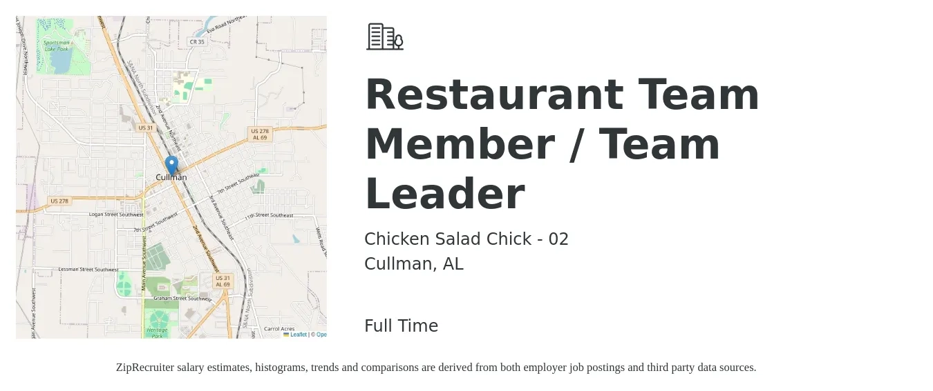 Chicken Salad Chick - 02 job posting for a Restaurant Team Member / Team Leader in Cullman, AL with a salary of $10 to $14 Hourly with a map of Cullman location.