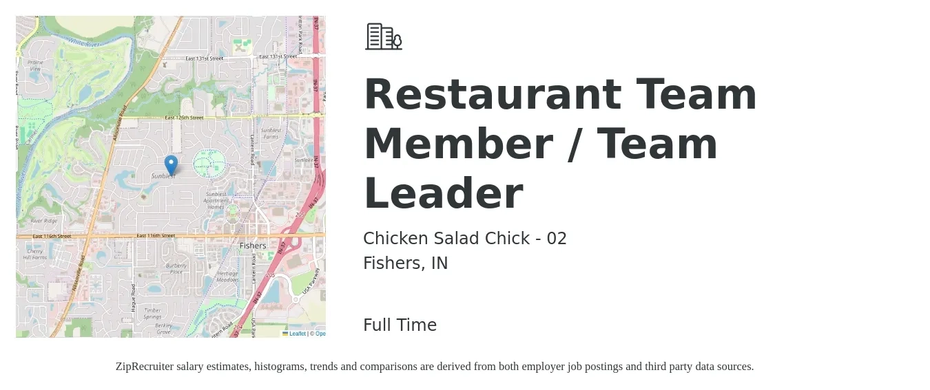 Chicken Salad Chick - 02 job posting for a Restaurant Team Member / Team Leader in Fishers, IN with a salary of $11 to $14 Hourly with a map of Fishers location.