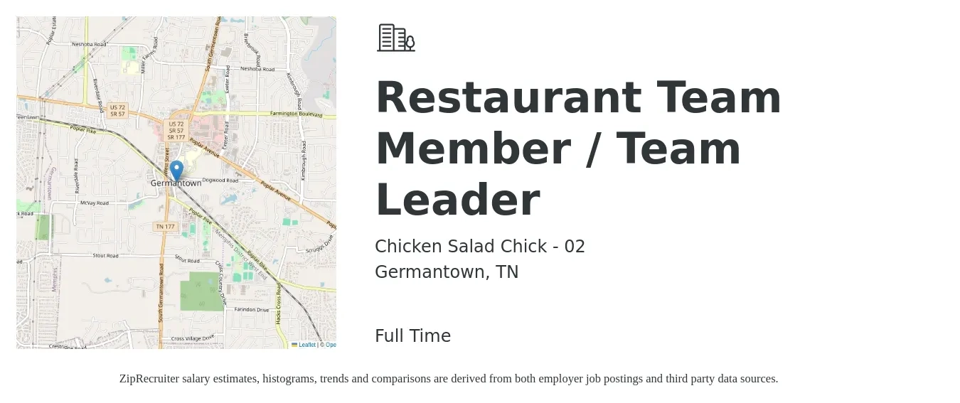 Chicken Salad Chick - 02 job posting for a Restaurant Team Member / Team Leader in Germantown, TN with a salary of $11 to $14 Hourly with a map of Germantown location.