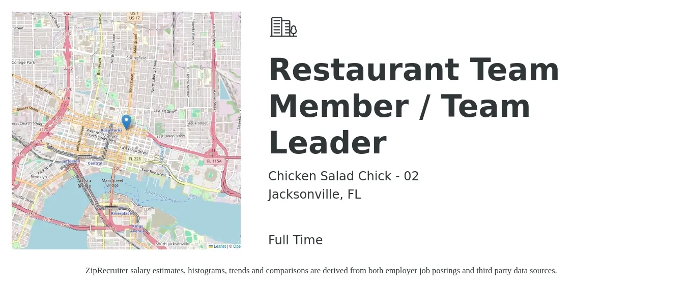 Chicken Salad Chick - 02 job posting for a Restaurant Team Member / Team Leader in Jacksonville, FL with a salary of $11 to $14 Hourly with a map of Jacksonville location.