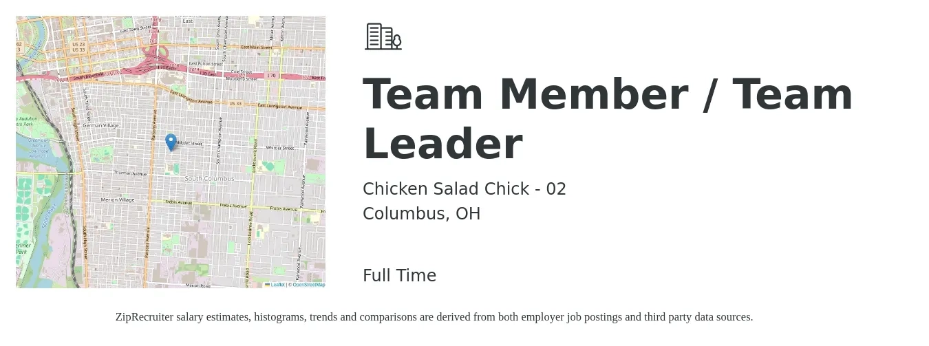 Chicken Salad Chick - 02 job posting for a Team Member / Team Leader in Columbus, OH with a salary of $12 to $15 Hourly with a map of Columbus location.