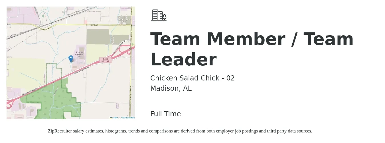 Chicken Salad Chick - 02 job posting for a Team Member / Team Leader in Madison, AL with a salary of $11 to $14 Hourly with a map of Madison location.