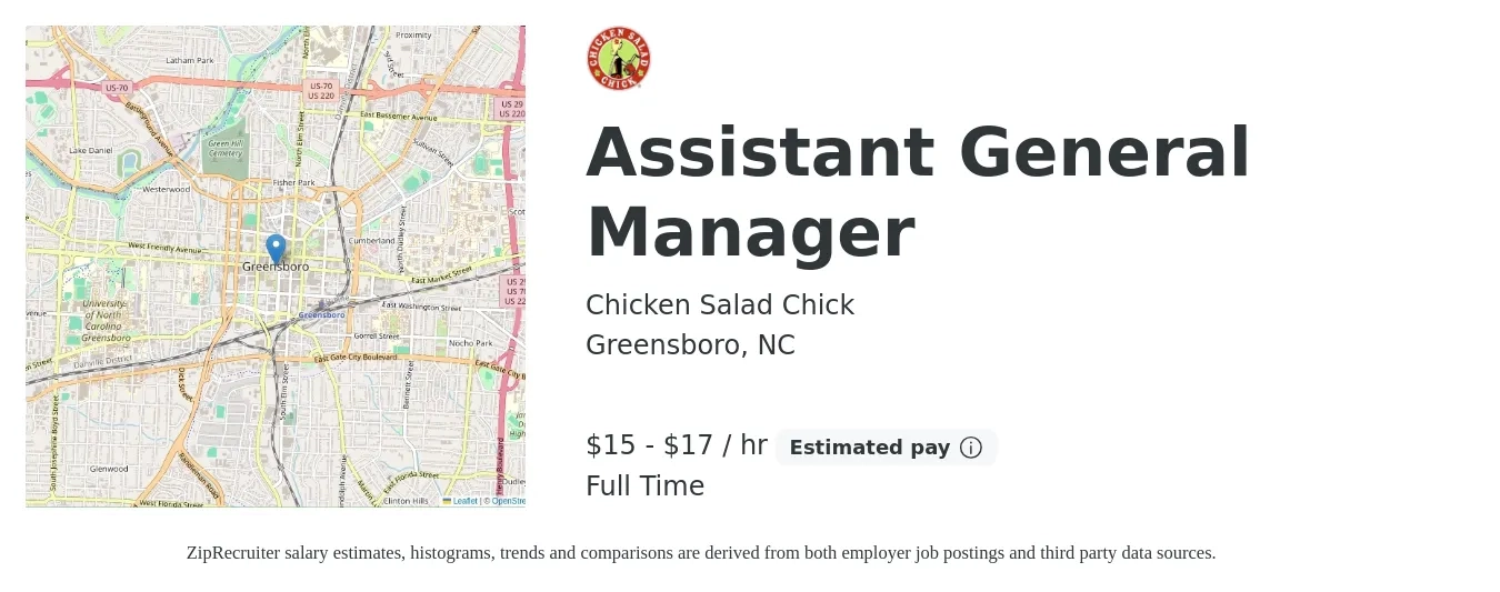 Chicken Salad Chick job posting for a Assistant General Manager in Greensboro, NC with a salary of $16 to $18 Hourly with a map of Greensboro location.