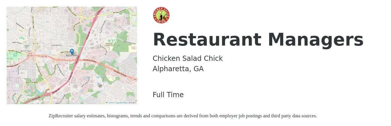 Chicken Salad Chick job posting for a Restaurant Managers in Alpharetta, GA with a salary of $42,400 to $59,800 Yearly with a map of Alpharetta location.