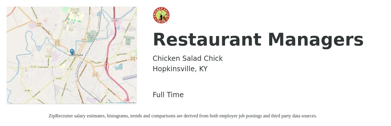Chicken Salad Chick job posting for a Restaurant Managers in Hopkinsville, KY with a salary of $38,000 to $53,700 Yearly with a map of Hopkinsville location.