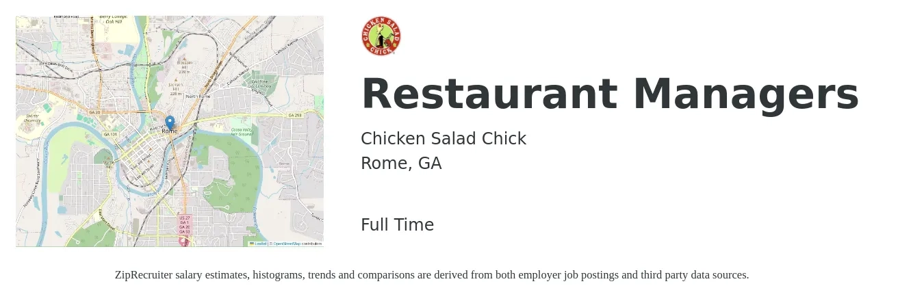 Chicken Salad Chick job posting for a Restaurant Managers in Rome, GA with a salary of $35,000 to $49,400 Yearly with a map of Rome location.
