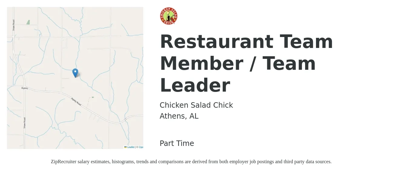 Chicken Salad Chick job posting for a Restaurant Team Member / Team Leader in Athens, AL with a salary of $10 to $13 Hourly with a map of Athens location.