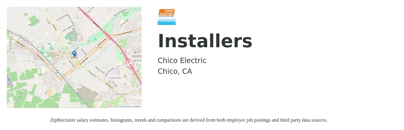 Chico Electric job posting for a Installers in Chico, CA with a salary of $20 to $30 Hourly with a map of Chico location.