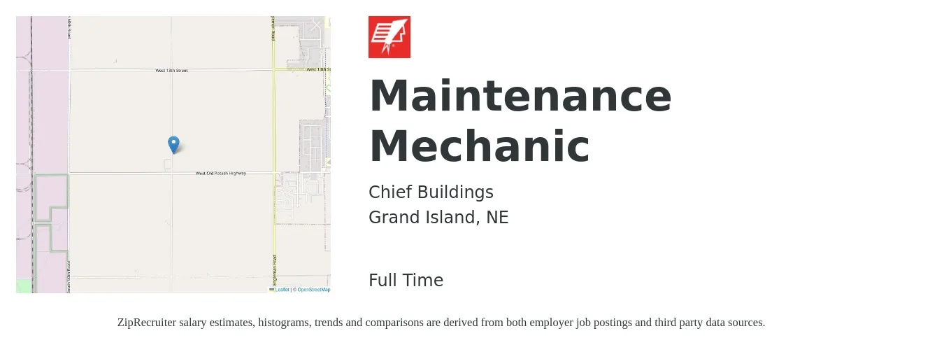 Chief Buildings job posting for a Maintenance Mechanic in Grand Island, NE with a salary of $20 to $26 Hourly with a map of Grand Island location.