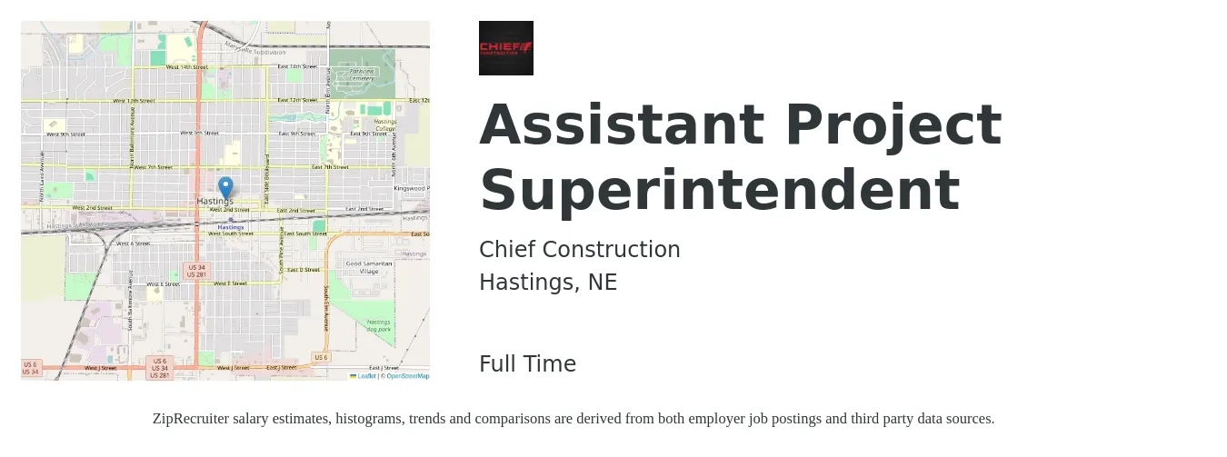 Chief Construction job posting for a Assistant Project Superintendent in Hastings, NE with a salary of $59,500 to $86,900 Yearly with a map of Hastings location.