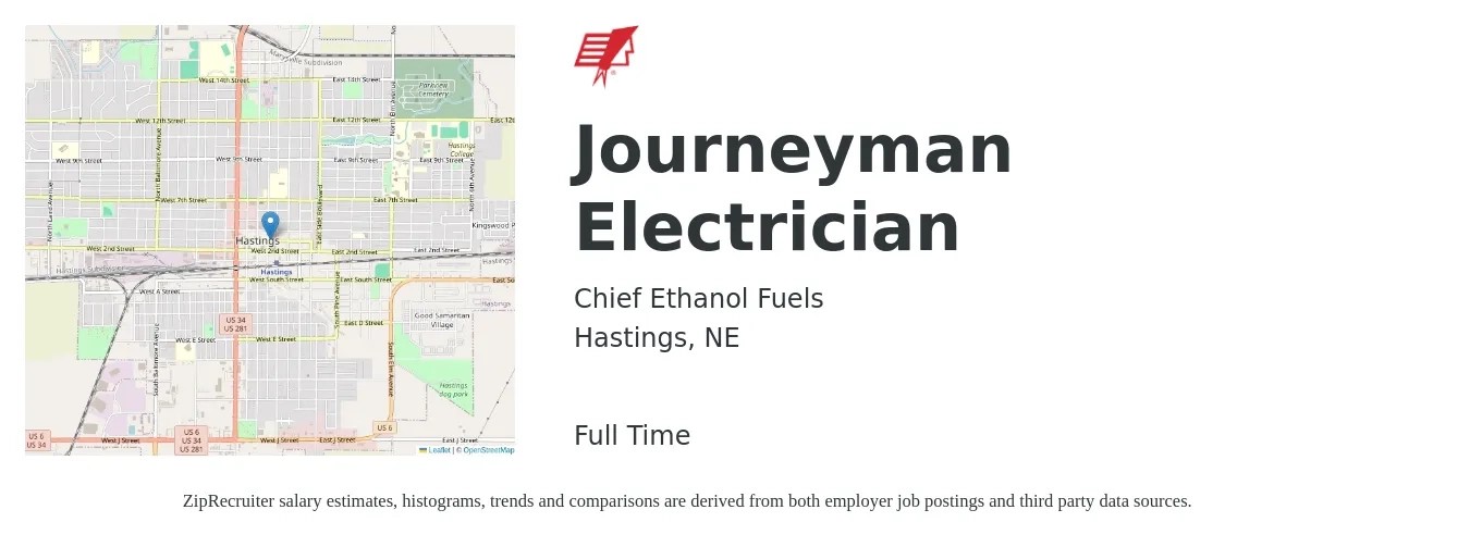 Chief Ethanol Fuels job posting for a Journeyman Electrician in Hastings, NE with a salary of $27 to $37 Hourly with a map of Hastings location.