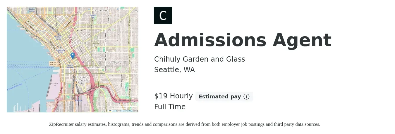 Chihuly Garden and Glass job posting for a Admissions Agent in Seattle, WA with a salary of $20 Hourly with a map of Seattle location.