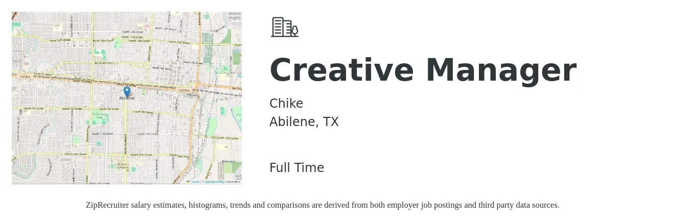 Chike job posting for a Creative Manager in Abilene, TX with a salary of $58,100 to $105,500 Yearly with a map of Abilene location.
