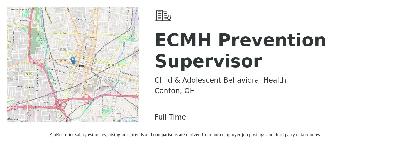 Child & Adolescent Behavioral Health job posting for a ECMH Prevention Supervisor in Canton, OH with a salary of $48,600 to $66,300 Yearly with a map of Canton location.