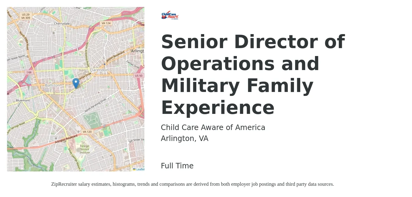 Child Care Aware of America job posting for a Senior Director of Operations and Military Family Experience in Arlington, VA with a salary of $130,000 to $150,000 Yearly with a map of Arlington location.