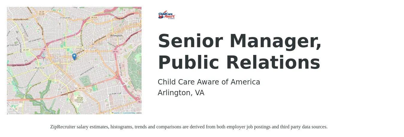 Child Care Aware of America job posting for a Senior Manager, Public Relations in Arlington, VA with a salary of $110,000 Yearly with a map of Arlington location.