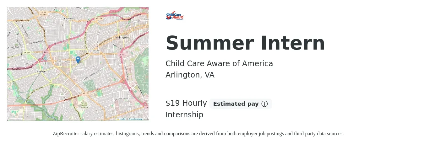 Child Care Aware of America job posting for a Summer Intern in Arlington, VA with a salary of $20 Hourly with a map of Arlington location.