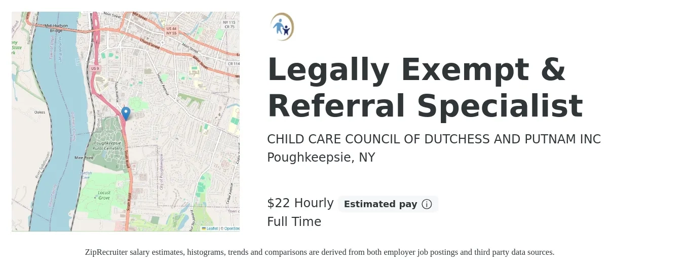 CHILD CARE COUNCIL OF DUTCHESS AND PUTNAM INC job posting for a Legally Exempt & Referral Specialist in Poughkeepsie, NY with a salary of $24 Hourly with a map of Poughkeepsie location.