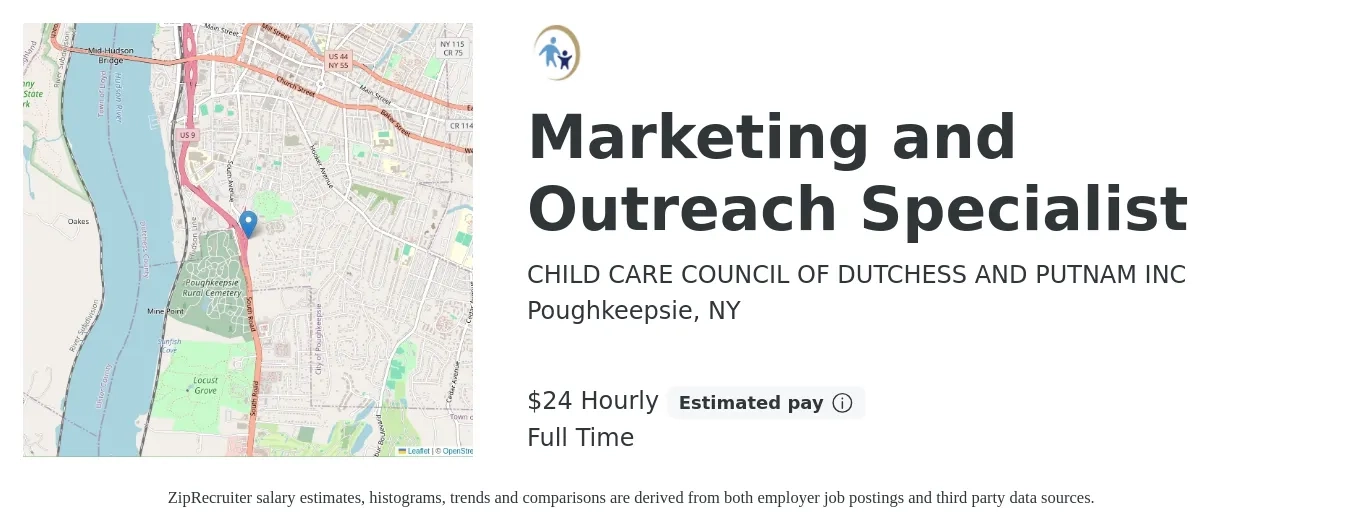 CHILD CARE COUNCIL OF DUTCHESS AND PUTNAM INC job posting for a Marketing and Outreach Specialist in Poughkeepsie, NY with a salary of $25 Hourly with a map of Poughkeepsie location.
