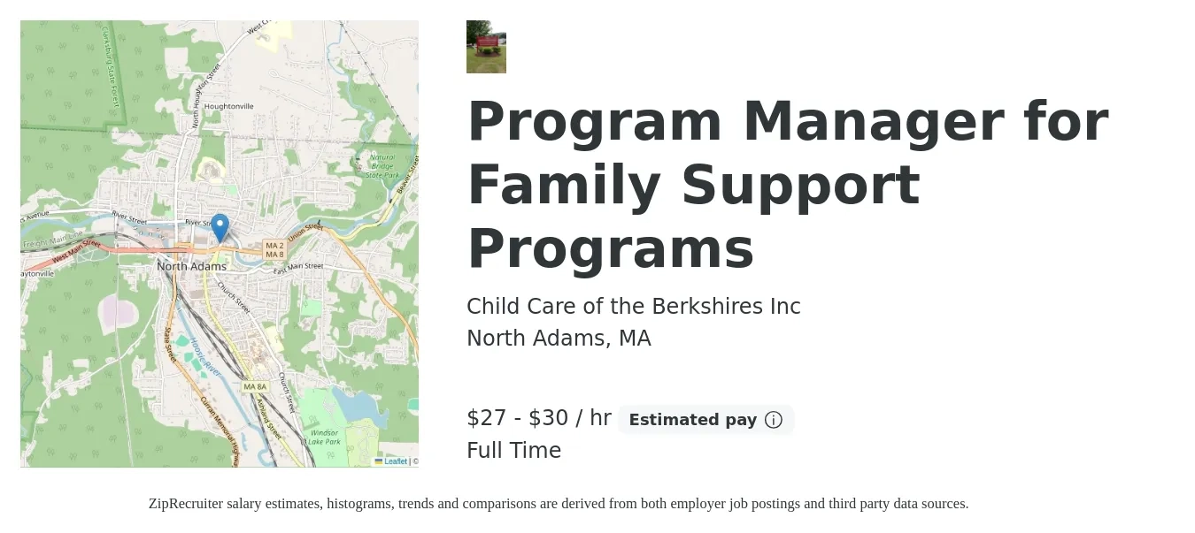 Child Care of the Berkshires Inc job posting for a Program Manager for Family Support Programs in North Adams, MA with a salary of $29 to $32 Hourly with a map of North Adams location.