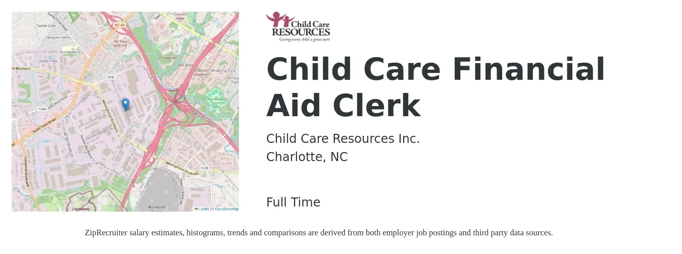 Child Care Resources Inc. job posting for a Child Care Financial Aid Clerk in Charlotte, NC with a salary of $58,100 to $103,200 Yearly with a map of Charlotte location.