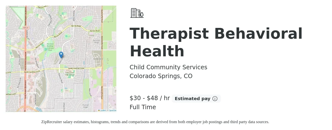 Child Community Services job posting for a Therapist Behavioral Health in Colorado Springs, CO with a salary of $32 to $50 Hourly with a map of Colorado Springs location.