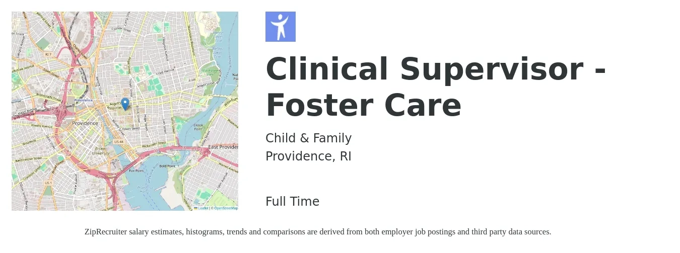 Child & Family job posting for a Clinical Supervisor - Foster Care in Providence, RI with a salary of $64,700 to $89,400 Yearly with a map of Providence location.