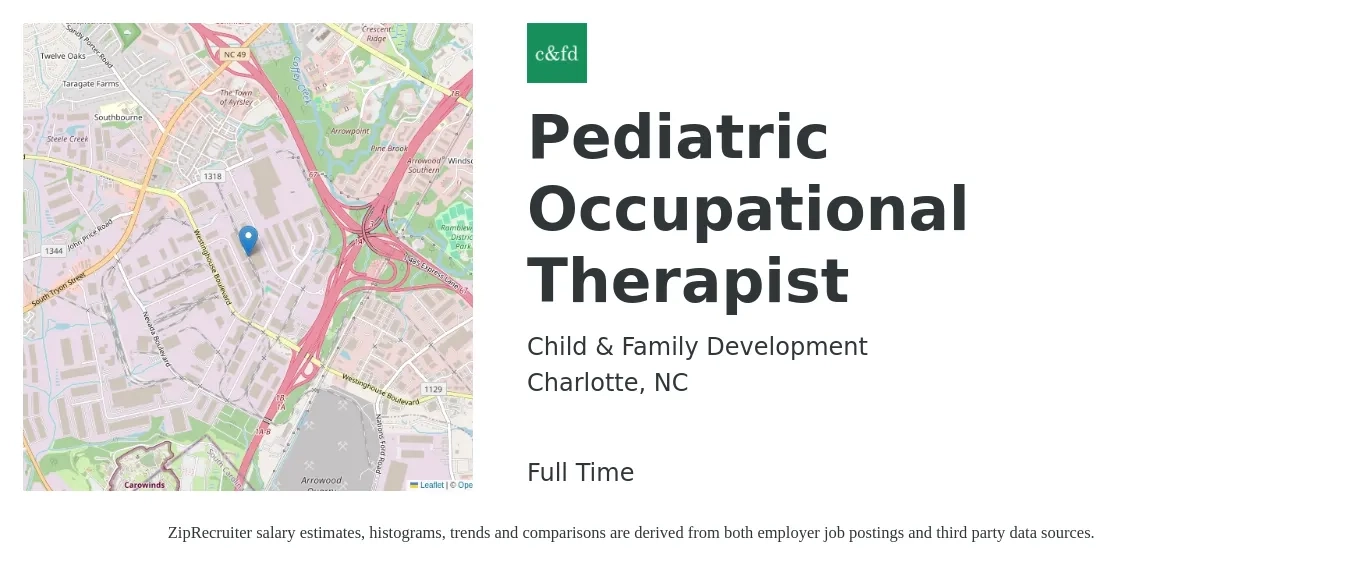 Child & Family Development job posting for a Pediatric Occupational Therapist in Charlotte, NC with a salary of $68,000 to $91,800 Yearly with a map of Charlotte location.