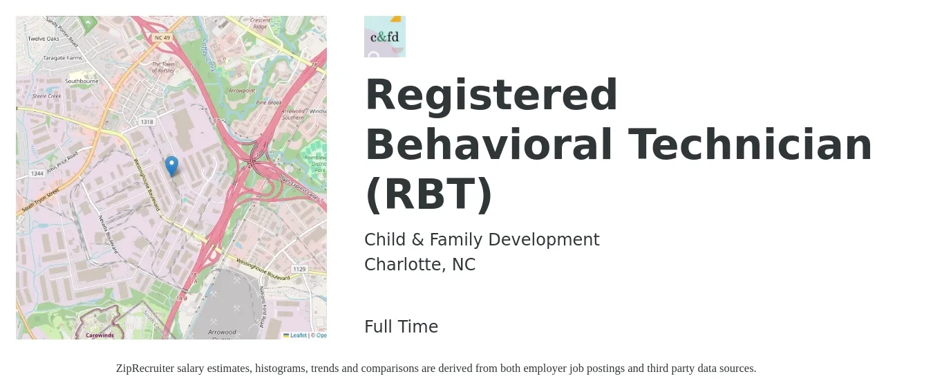 Child & Family Development job posting for a Registered Behavioral Technician (RBT) in Charlotte, NC with a salary of $18 to $23 Hourly with a map of Charlotte location.