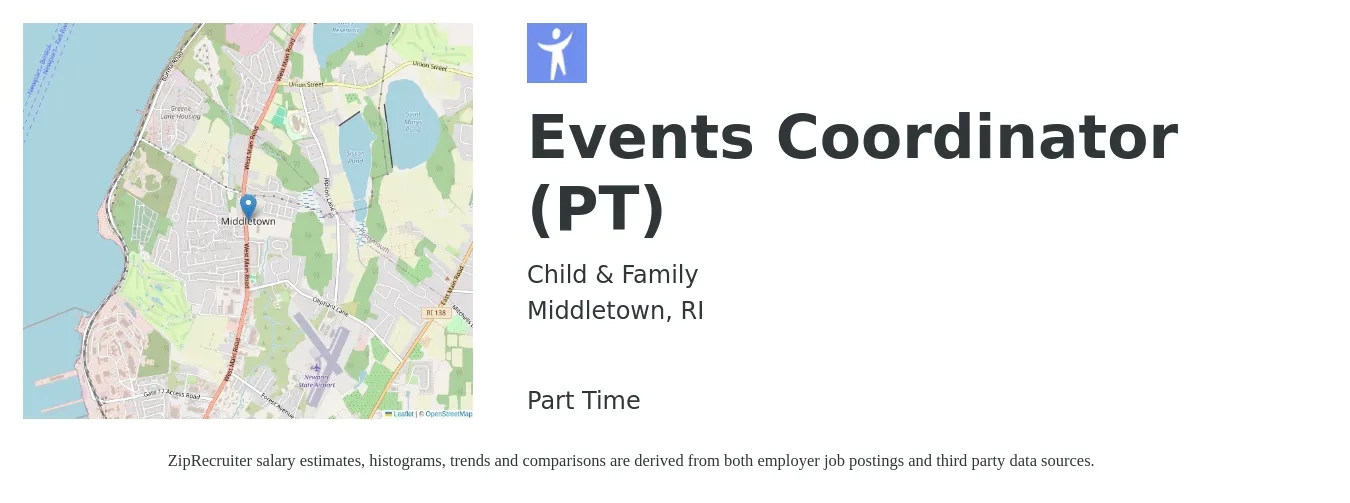 Child & Family job posting for a Events Coordinator (PT) in Middletown, RI with a salary of $20 to $28 Hourly with a map of Middletown location.