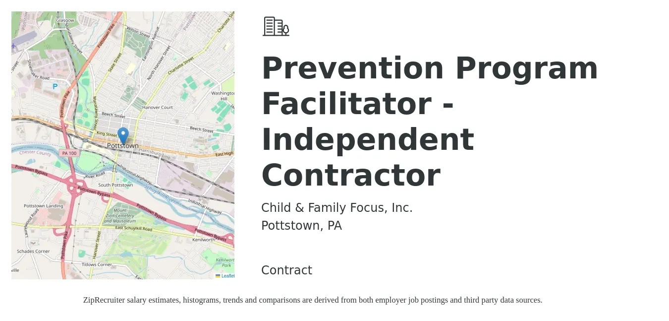 Child & Family Focus, Inc. job posting for a Prevention Program Facilitator - Independent Contractor in Pottstown, PA with a salary of $22 to $25 Hourly with a map of Pottstown location.
