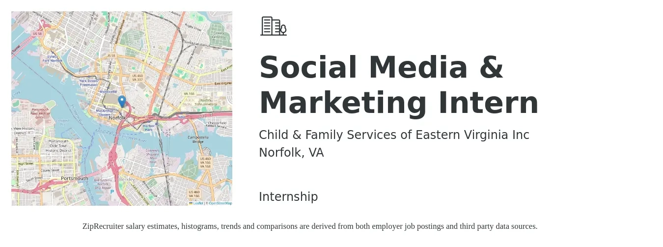 Child & Family Services of Eastern Virginia Inc job posting for a Social Media & Marketing Intern in Norfolk, VA with a salary of $14 to $19 Hourly with a map of Norfolk location.