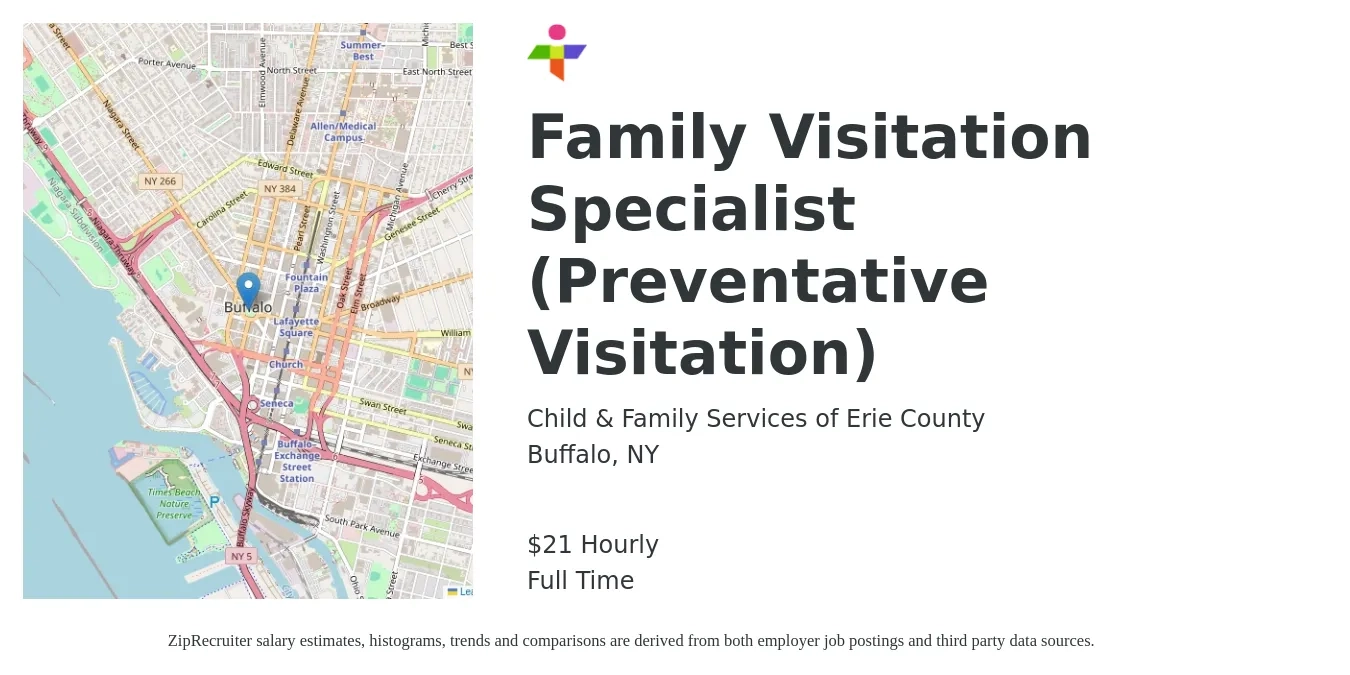 Child & Family Services of Erie County job posting for a Family Visitation Specialist (Preventative Visitation) in Buffalo, NY with a salary of $23 Hourly with a map of Buffalo location.