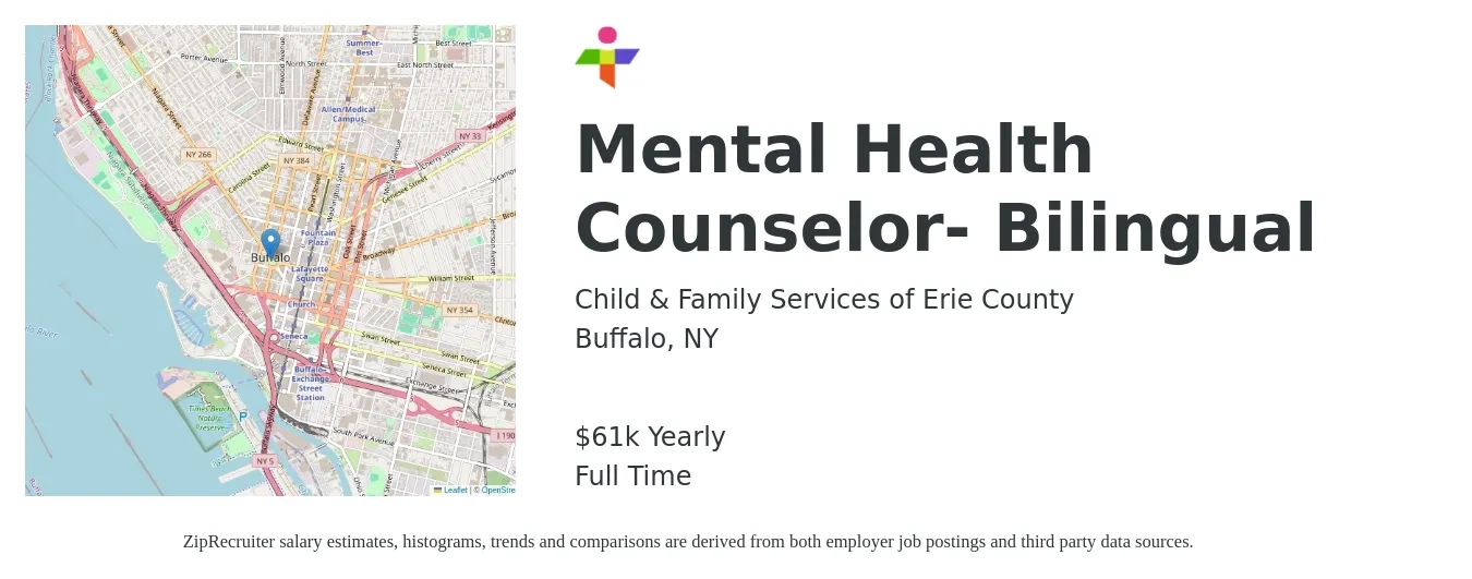 Child & Family Services of Erie County job posting for a Mental Health Counselor- Bilingual in Buffalo, NY with a salary of $61,500 Yearly with a map of Buffalo location.