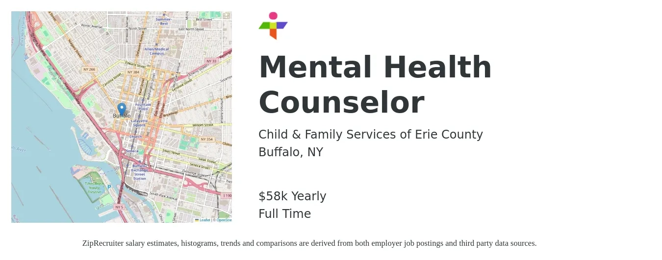 Child & Family Services of Erie County job posting for a Mental Health Counselor in Buffalo, NY with a salary of $58,500 Yearly with a map of Buffalo location.