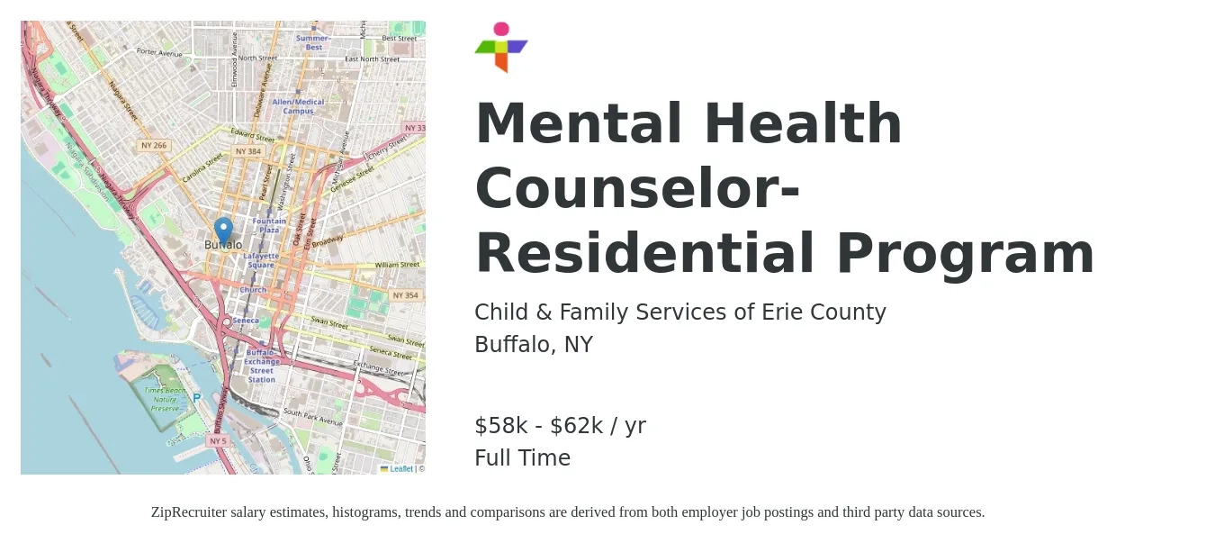 Child & Family Services of Erie County job posting for a Mental Health Counselor- Residential Program in Buffalo, NY with a salary of $58,500 to $62,500 Yearly with a map of Buffalo location.