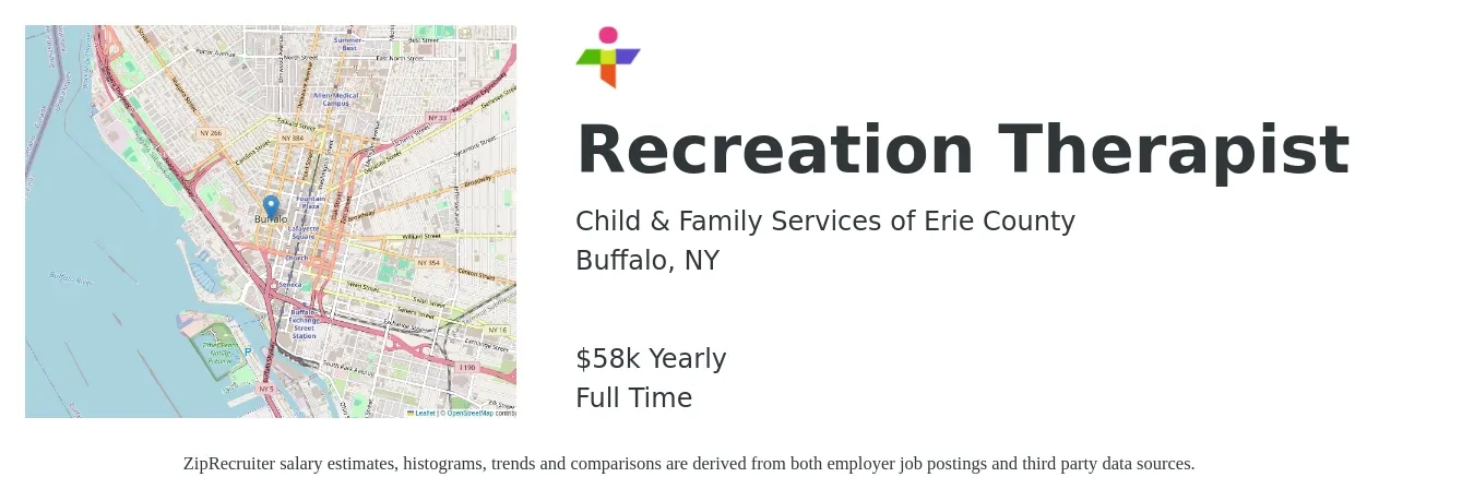 Child & Family Services of Erie County job posting for a Recreation Therapist in Buffalo, NY with a salary of $58,500 Yearly with a map of Buffalo location.